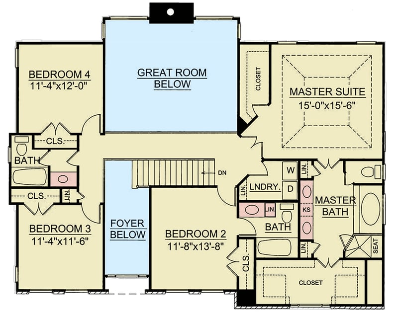 Plan 12238JL: Traditional Georgian House Plan with 4 Bedrooms and Two-Story Great Room - Floor Plan - Second Level - Colonial, Georgian, Traditional