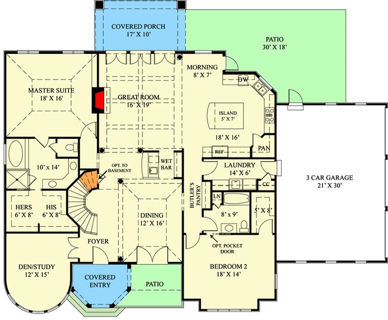Plan 12264JL: Elegant Home Plan with 2 Master Suites - 3308 Sq Ft - Floor Plan - Main Level - European