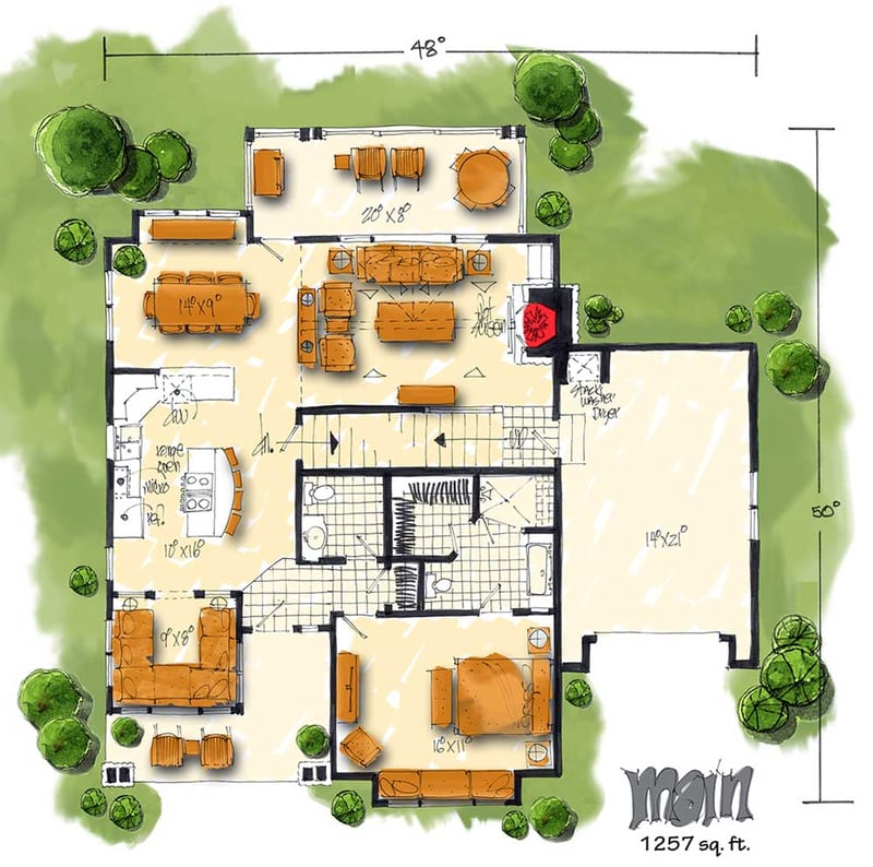 Plan 12908KN: Rustic Cottage With Picture Window - Floor Plan - Main Level - Cottage, Country, Mountain, Rustic, Vacation