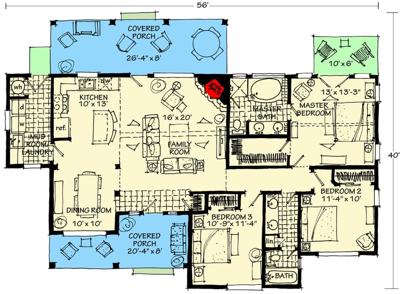 Plan 12913KN: 3 Bed House Plan with Vaulted Living Room and Master Suite - Floor Plan - Main Level - Cabin, Country, Craftsman, Mountain, Rustic, Vacation