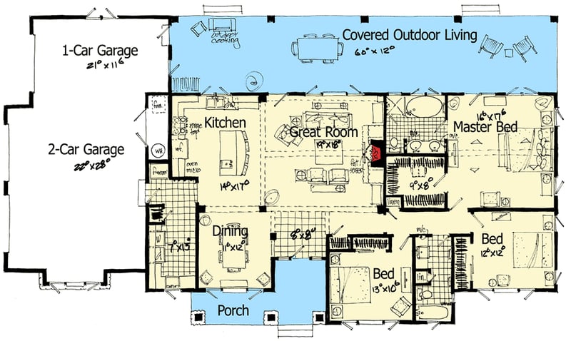Plan 12929KN: Mountain Home with Outdoor Living Space - Floor Plan - Main Level - Craftsman, Mountain, Ranch, Rustic
