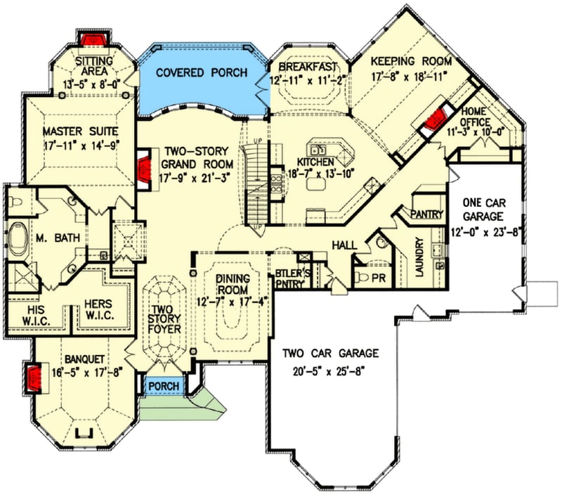 Plan 15661GE: Impressive Brick and Stone - Floor Plan - Main Level - European, Traditional