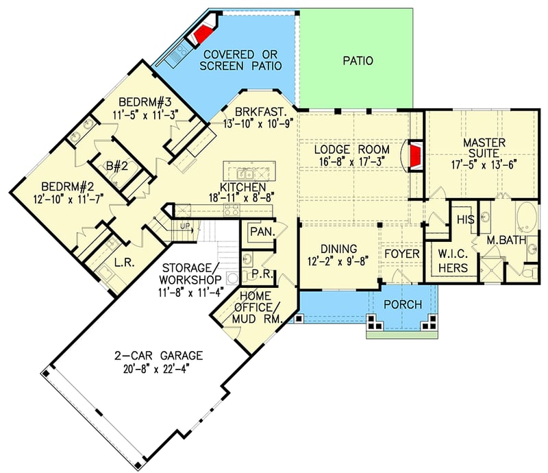 Plan 15888GE: Hip-Roofed Ranch Home Plan - Floor Plan - Main Level - Country, Craftsman, Mountain, Ranch, Rustic