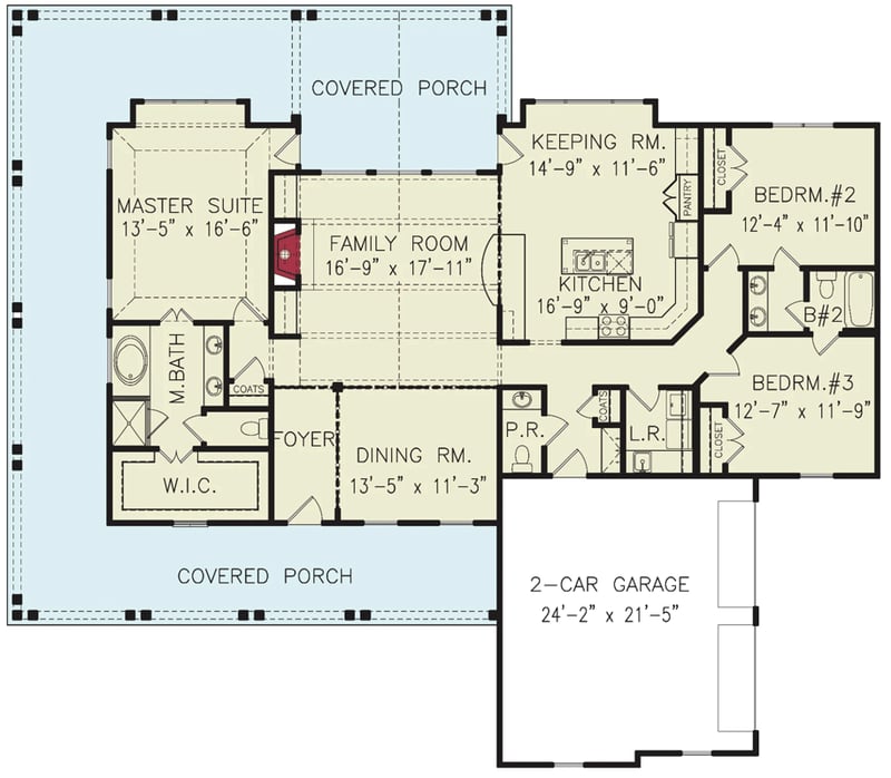 Plan 15889GE: 3-Bed Country House Plan with Wraparound Porch - 2069 Sq Ft - Floor Plan - Main Level - Country, Farmhouse, Modern Farmhouse, New American