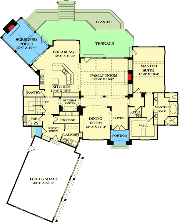 Plan 17789LV: European House Plan with Second Floor Library - Floor Plan - Main Level - European, French Country, Traditional