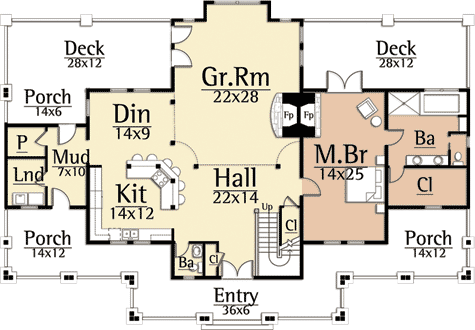 Plan 18778CK: Mountain Home Plan Surrounded by Decks and Porches - Floor Plan - Main Level - Craftsman, Mountain, Rustic, Vacation