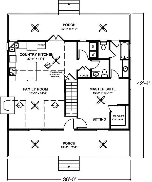 Plan 20033GA: 3-Bedroom Southern Traditional House Plan with 2-Story Family Room - Floor Plan - Main Level - Cottage, Country, Southern, Southern Traditional, Traditional