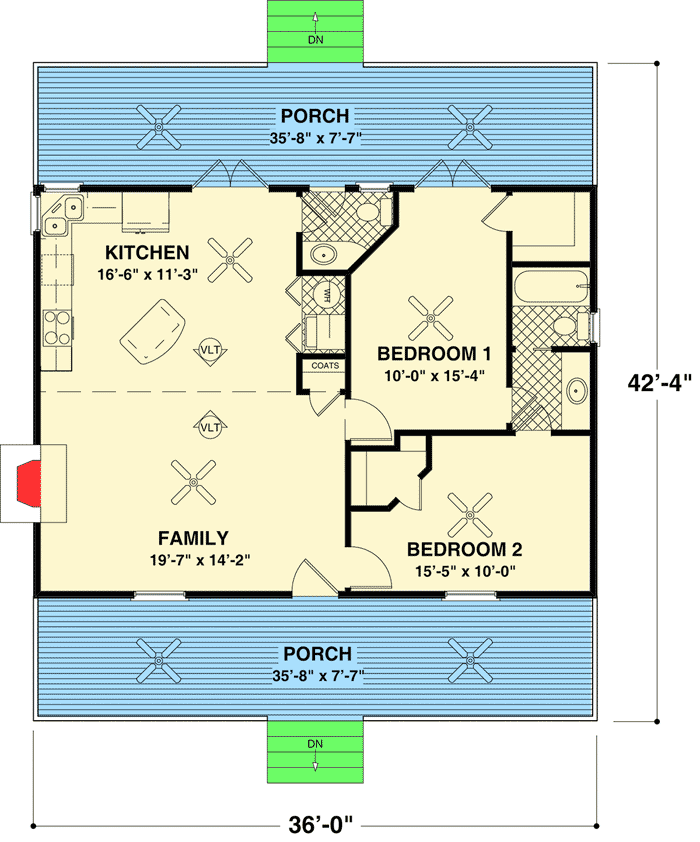 Plan 20047GA: Southern Traditional House Plan with Relaxing Front and Rear Porches - 953 Sq Ft - Floor Plan - Main Level - Cottage, Country, Southern, Southern Traditional, Traditional