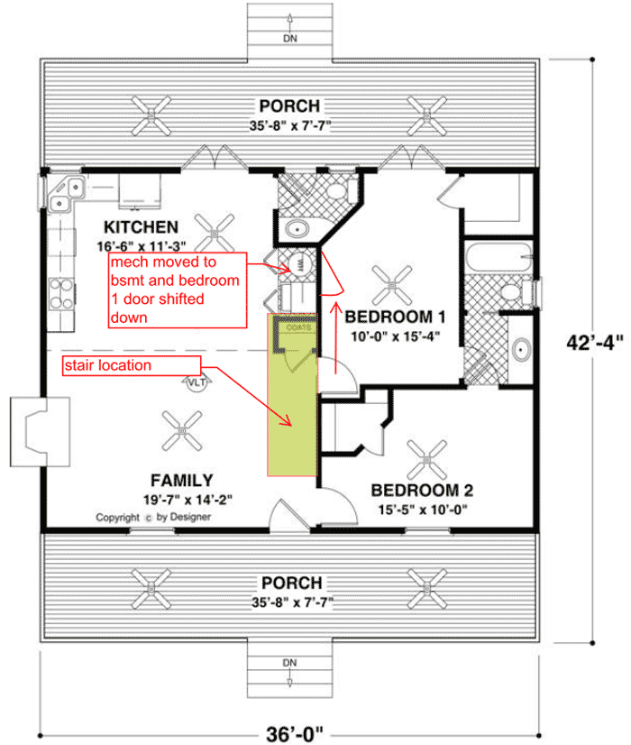 Plan 20047GA: Southern Traditional House Plan with Relaxing Front and Rear Porches - 953 Sq Ft - Floor Plan - Optional Basement Stair Location - Cottage, Country, Southern, Southern Traditional, Traditional