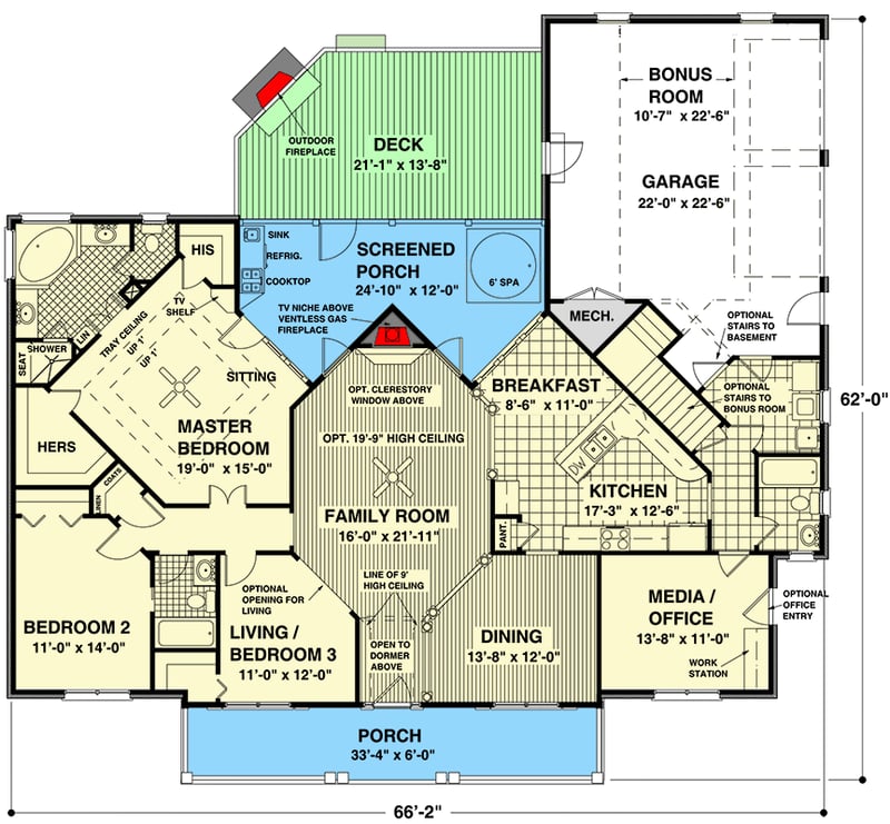 Plan 20063GA: Elegant Country House Plan with Angled Master Bedroom and Kitchen - 1992 Sq Ft - Floor Plan - Main Level - Country, Traditional