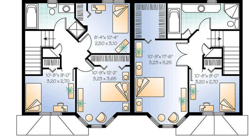 Plan 21081DR: Economical Duplex with Covered Entry - Floor Plan - 2nd Floor - Traditional