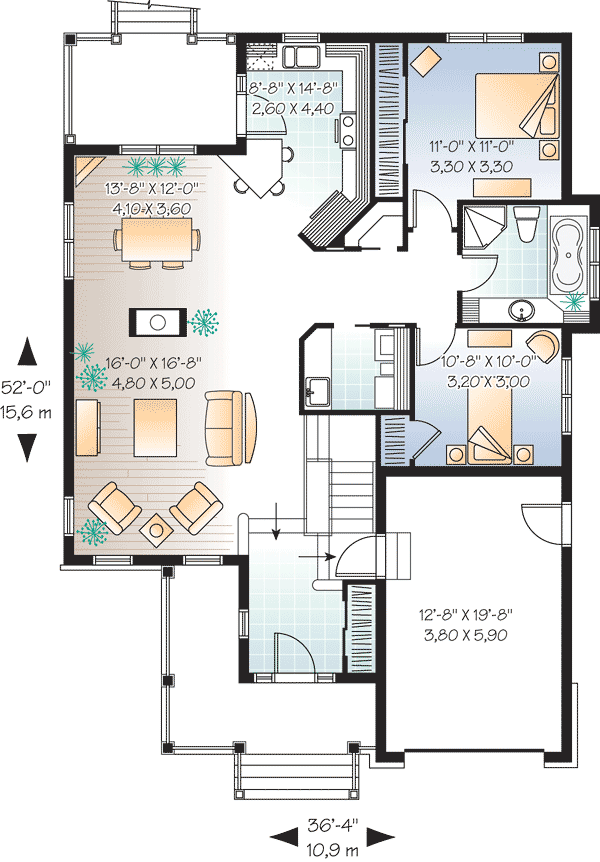 Plan 21488DR: Bungalow with Twin Porches - Floor Plan - Main Level - Cottage, Country, Traditional