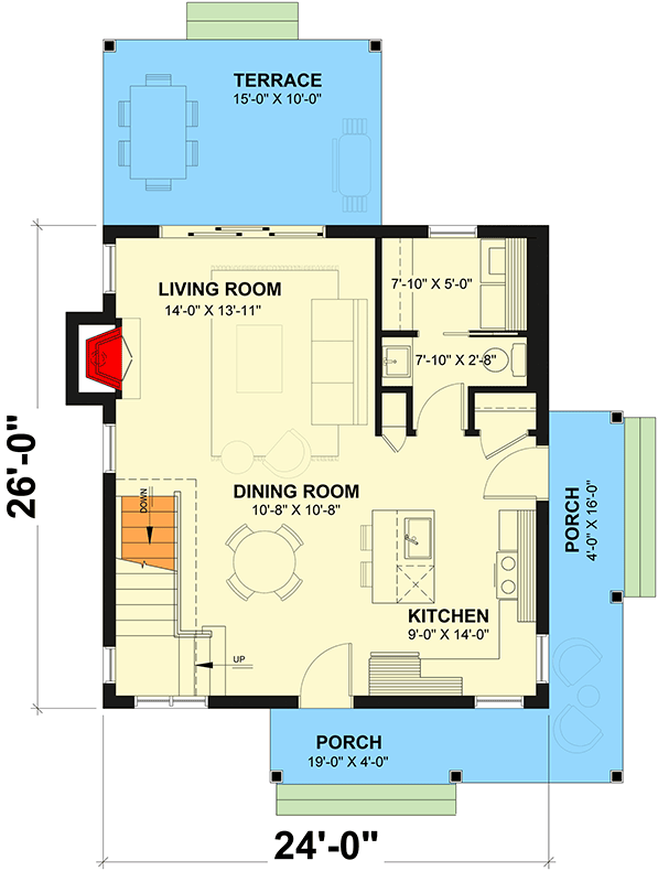 Plan 21537DR: 2-Bedroom Cottage House Plan with Inviting Porches - Floor Plan - Main Level - Cabin, Cottage, Country