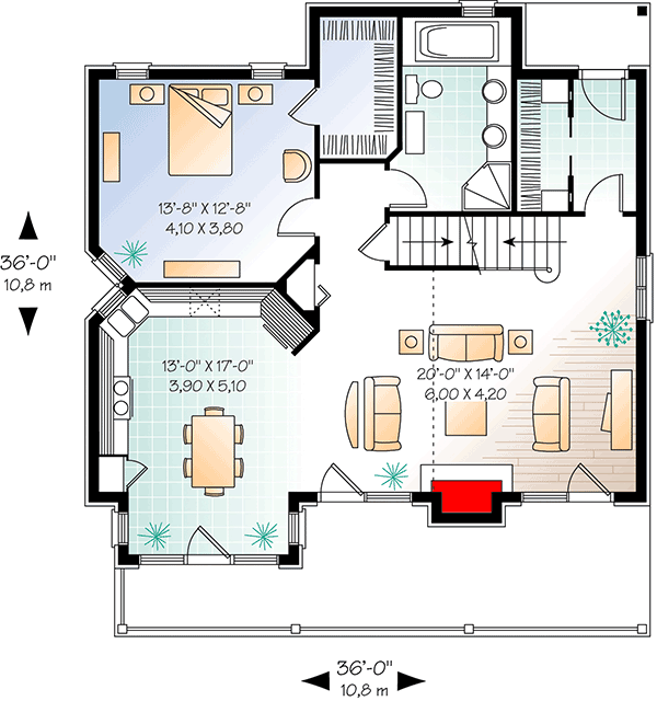 Plan 21567DR: Four-Seasons Cottage With Family Room Open To Above - Floor Plan - Main Level - Cottage, Country, European, Mountain, Rustic, Vacation