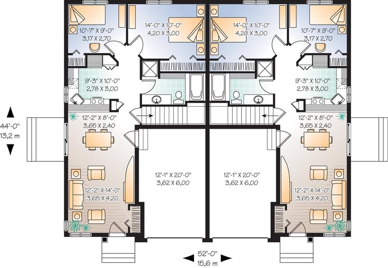Plan 21574DR: Duplex with Center Car Garage for Privacy - Floor Plan - Main Level