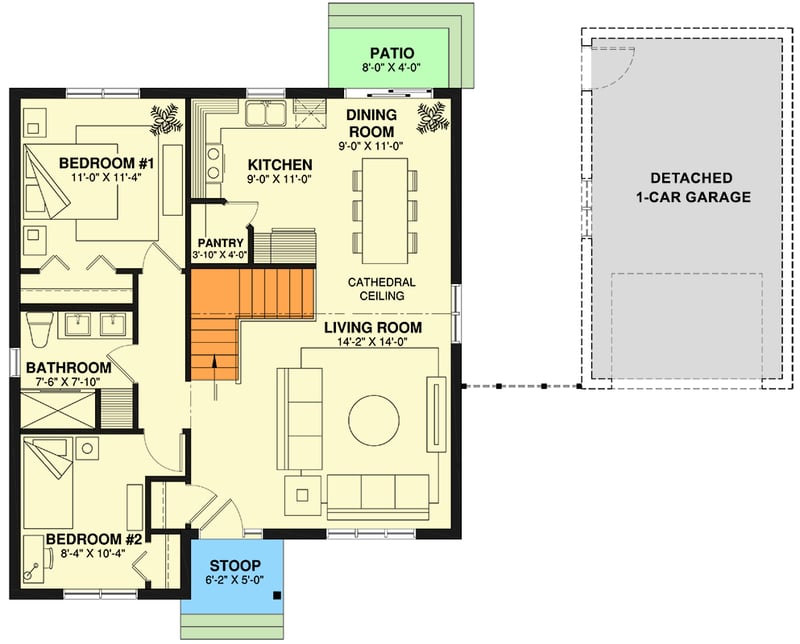 Plan 21578DR: 2-Bed Traditional Ranch Home Plan with Detached Garage - Floor Plan - Main Level - Cottage, Ranch, Traditional