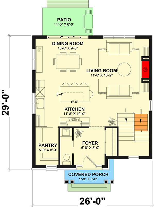 Plan 21588DR: Two-Story Traditional House Plan with Open Concept Living - 1464 Sq Ft - Floor Plan - Main Level - Traditional
