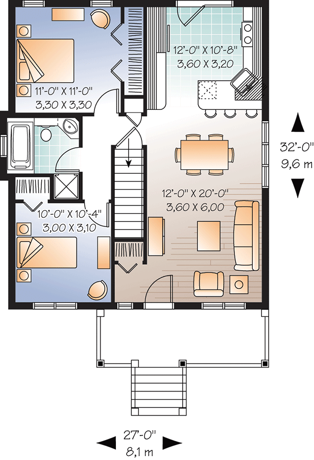 Plan 21715DR: Cottage for Narrow Lot - 870 Sq Ft - Floor Plan - Main Level - Cottage, Traditional