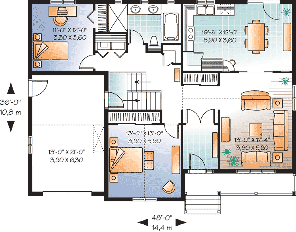 Plan 21723DR: 2 Bedroom Ranch with Vaulted Spaces - Floor Plan - Main Level - Country