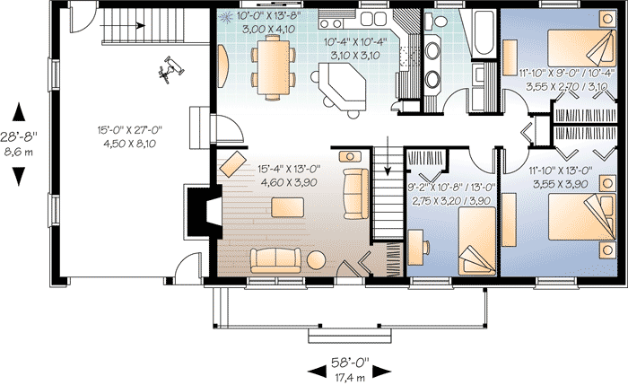 Plan 21755DR: 58-Foot Wide 3 Bed House Plan with 1-Car Garage - 1204 Sq Ft - Floor Plan - Main Level - Ranch