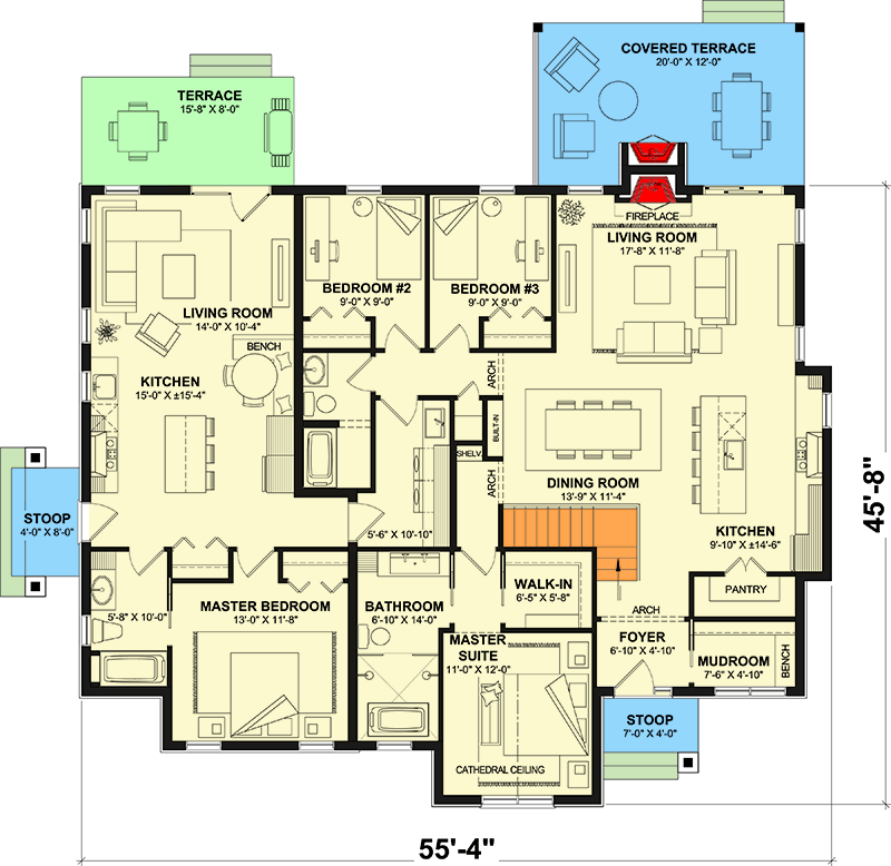 Plan 21769DR: Multi-Generational House Plan with a 3-Bed and 1-Bed Units - 1496 Sq Ft and 742 Sq Ft - Floor Plan - Main Level - European, Ranch, Transitional
