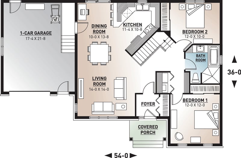 Plan 21947DR: Cozy Bungalow with Attached Garage - Floor Plan - Main Level - Ranch, Traditional