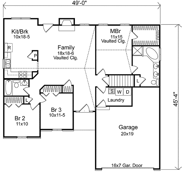 Plan 22000SL: Simple Ranch with Vaulted Family Room - Floor Plan - Main Level - Ranch, Traditional