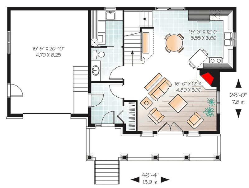 Plan 22323DR: Cute Cottage with 2 Upstairs Bedrooms - Floor Plan - Main Level - Cottage, Farmhouse, Traditional