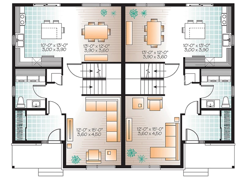 Plan 22394DR: Two-Story Multi-Family Duplex - Floor Plan - Main Level