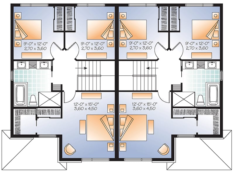 Plan 22394DR: Two-Story Multi-Family Duplex - Floor Plan - 2nd Floor