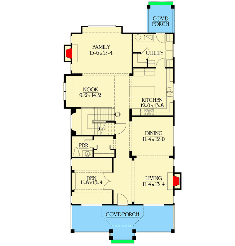 Plan 23091JD: Country Charm for Narrow Lots - Floor Plan - Main Level - Country, Craftsman, Northwest