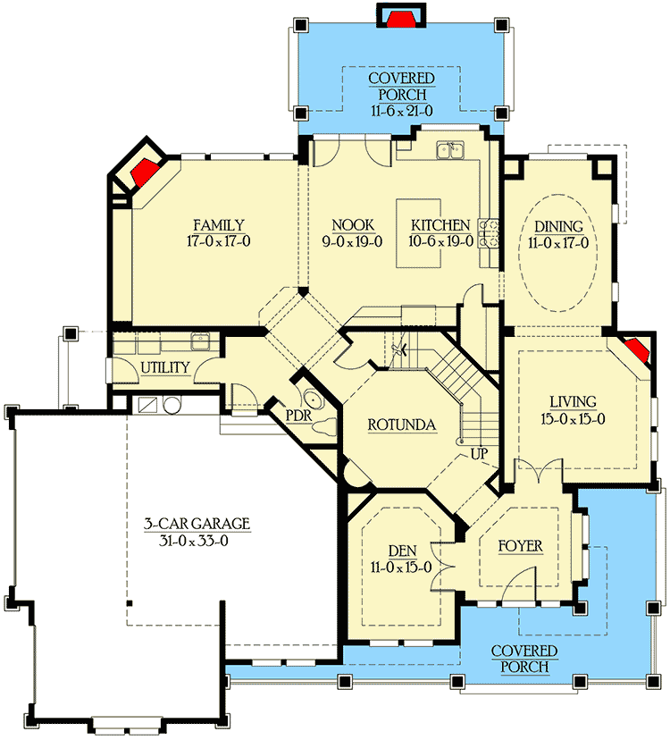 Plan 23176JD: Intricate Craftsman House Plan for Corner Lots - Floor Plan - Main Level - Craftsman, Northwest