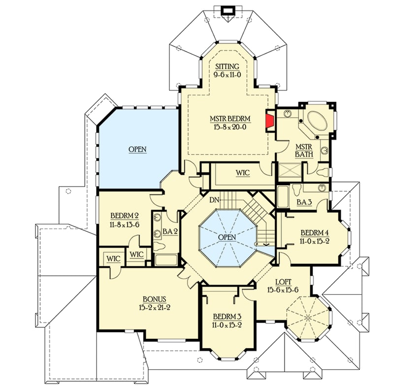 Plan 23187JD: Shingle-style House Plan with Spacious Covered Outdoor Living with Fireplace - Floor Plan - 2nd Floor - Northwest, Victorian