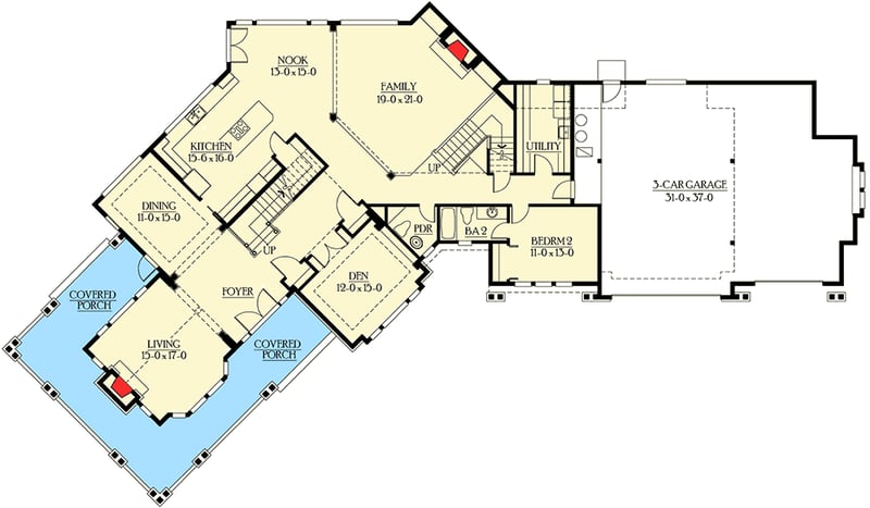 Plan 23199JD: Craftsman House Plan with Upstairs Secluded Master Suite with Fireplace - 4650 Sq Ft - Floor Plan - Main Level - Craftsman, Northwest, Shingle