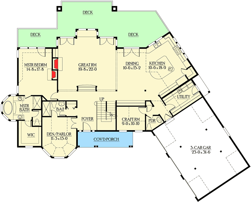 Plan 23211JD: Craftsman Home Plan with 2-Story Great and 2 Master Suites - Floor Plan - Main Level - Country, Craftsman, New American, Northwest