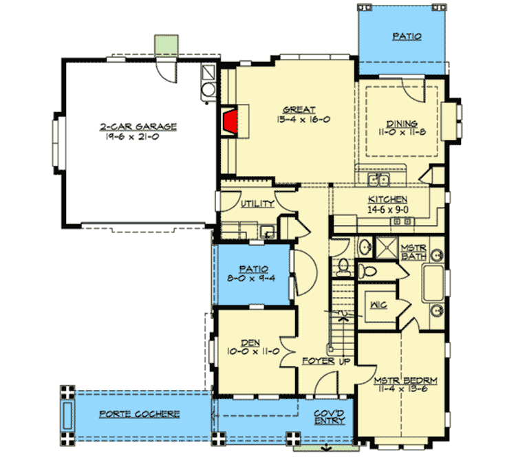 Plan 23274JD: Unique Craftsman with Central Patio - Floor Plan - Main Level - Bungalow, Craftsman, Mountain, New American, Northwest