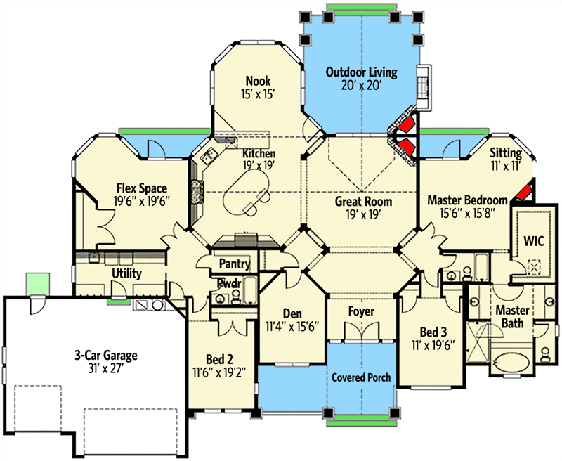 Plan 23282JD: Craftsman House Plan with Fantastic Outdoor Living Room and Optional Versions - Floor Plan - Main Level - Craftsman, Northwest