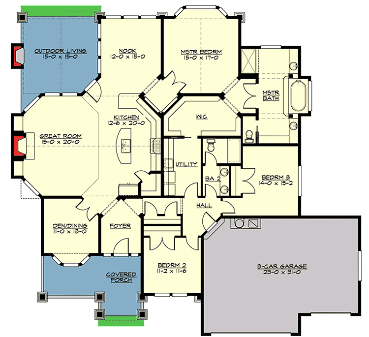 Plan 23522JD: Craftsman Bungalow with 3-Car Front-Facing Garage - Floor Plan - Main Level - Bungalow, Craftsman, Northwest