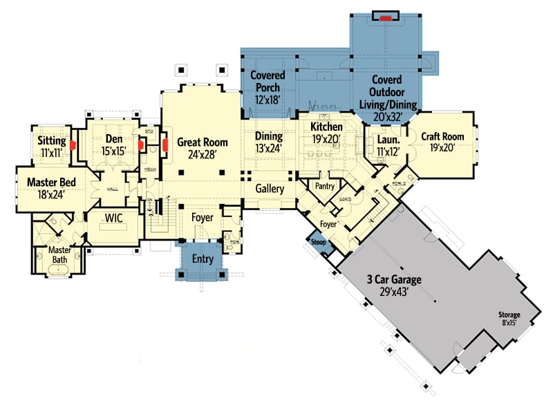 Plan 23612JD: Six Bedroom Mountain Retreat - Floor Plan - Main Level - Craftsman, Mountain, Northwest, Rustic