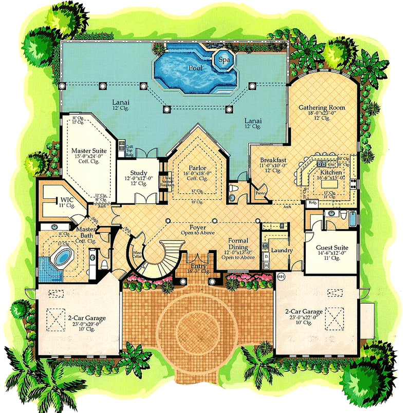 Plan 24103BG: Luxury in Symmetry - Floor Plan - Main Level - European, Florida-Style, Mediterranean