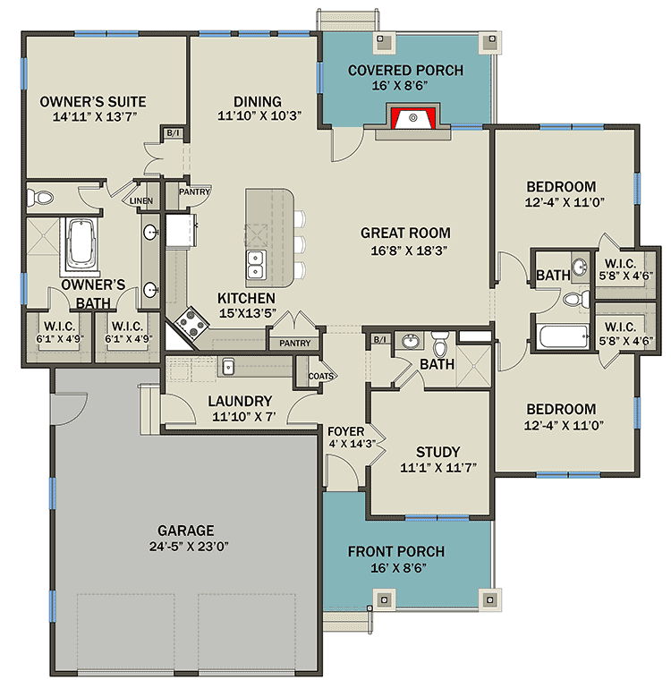 Plan 25402TF: 2000 Square Foot Country Craftsman Cottage House Plan with Home Office or Study - Floor Plan - Main Level - Cottage, Country, Craftsman, New American