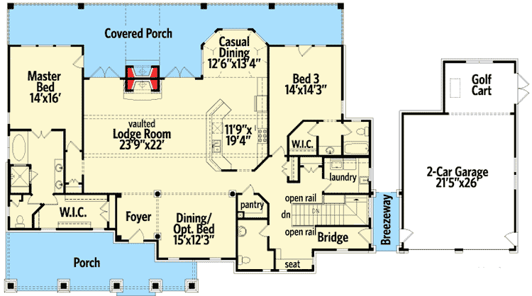 Plan 25605GE: Country Cottage with Dual Master Suite - Floor Plan - Main Level - Country, Rustic, Traditional, Vacation