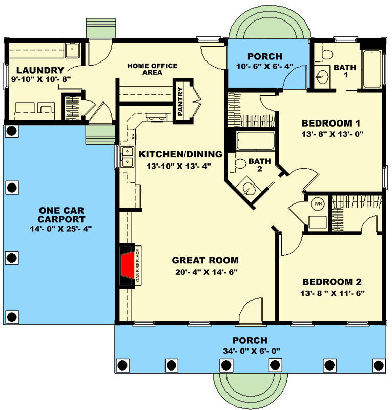 Plan 2563DH: 2-Bed Southern Country House Plan with Home Office Nook - Floor Plan - Main Level - Cottage, Country, Southern