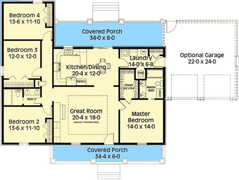 Plan 2572DH: Optional Attached Garage Included - Floor Plan - Main Level - Country, Southern
