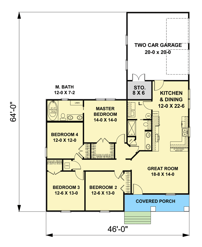 Plan 2586DH: 4-Bed Country Cottage House Plan with Covered Porch - Floor Plan - Main Level - Cottage, Country
