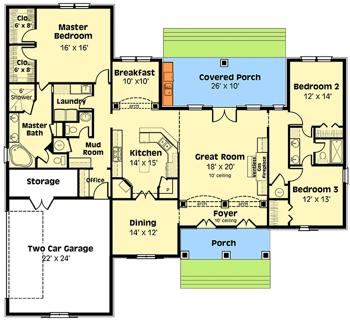 Plan 2595DH: Double French Door Welcome - Floor Plan - Main Level - Southern