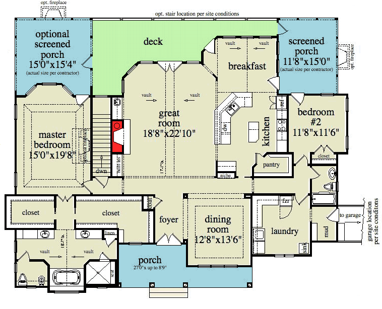 Plan 29826RL: Mountain Home Plan with Garage and Bonus Level - Floor Plan - Main Level - Country, Craftsman, Mountain, Vacation
