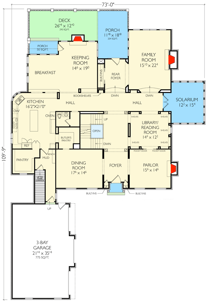 Plan 29832RL: Grand 5 Bedroom Colonial House Plan - 6199 Sq Ft - Floor Plan - Main Level - Colonial, Southern, Traditional
