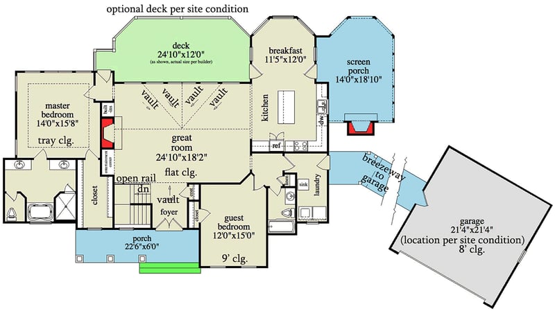 Plan 29843RL: Mountain Escape with Views - Floor Plan - Main Level - Country, Craftsman, Mountain, Rustic, Vacation