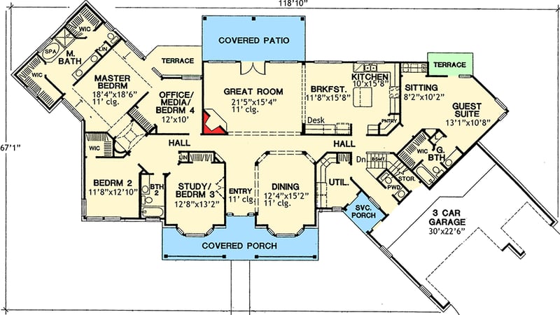 Plan 31022D: Hill Country with Dual Suites - 3066 Sq Ft - Floor Plan - Main Level - Country, Hill Country